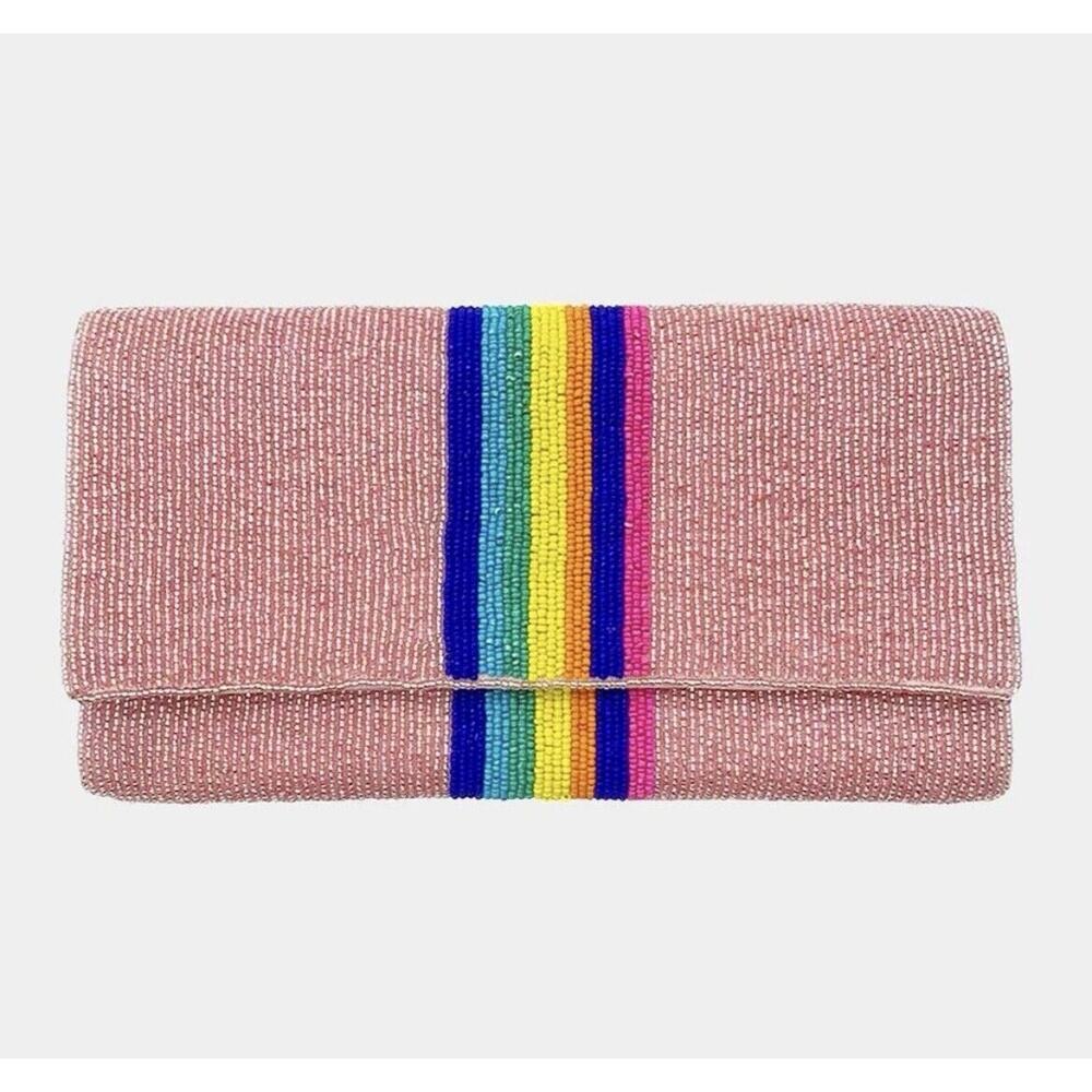 Boutique Blush Rainbow Color Block Seed Beaded Clutch / Crossbody Bag